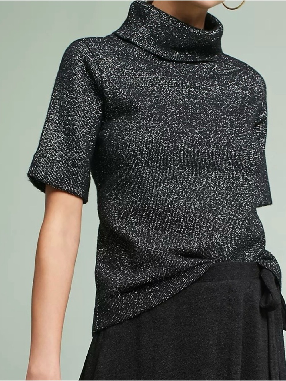 Anthropologie Raga Black Shimmer shirt sleeve turtleneck medium